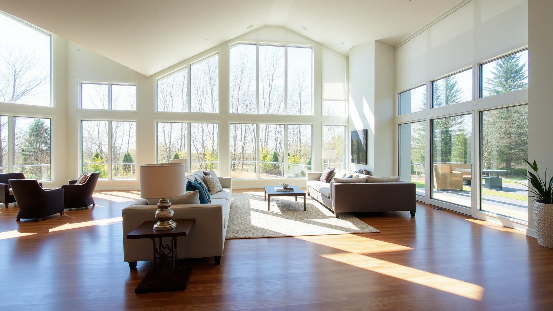 Bright open-concept living room with tall windows and hardwood floors