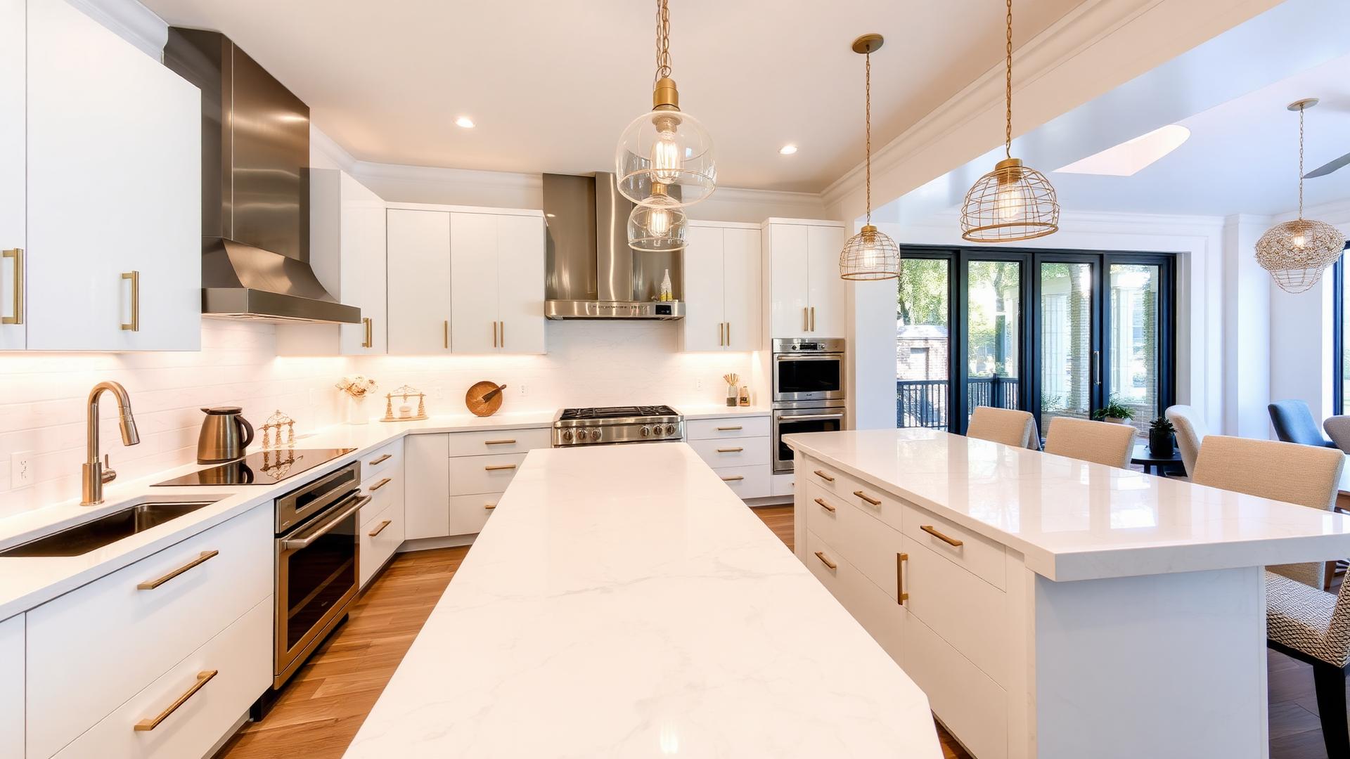Modern chef kitchen with a white quartz island and brass fixtures