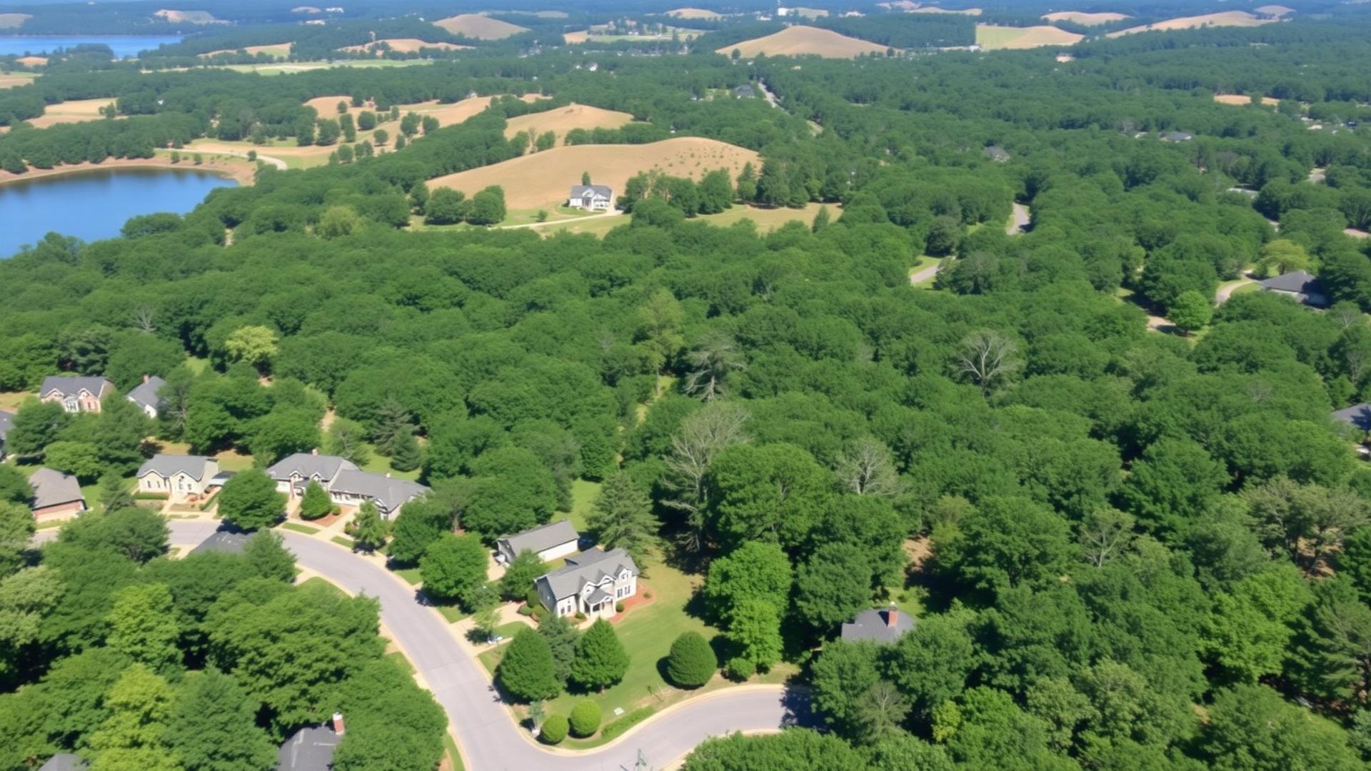 Aerial view of a wooded North Georgia neighborhood with a lake beyond