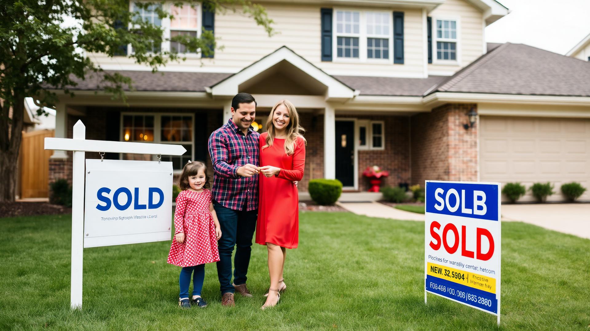Family receiving keys to their new home beside a sold sign