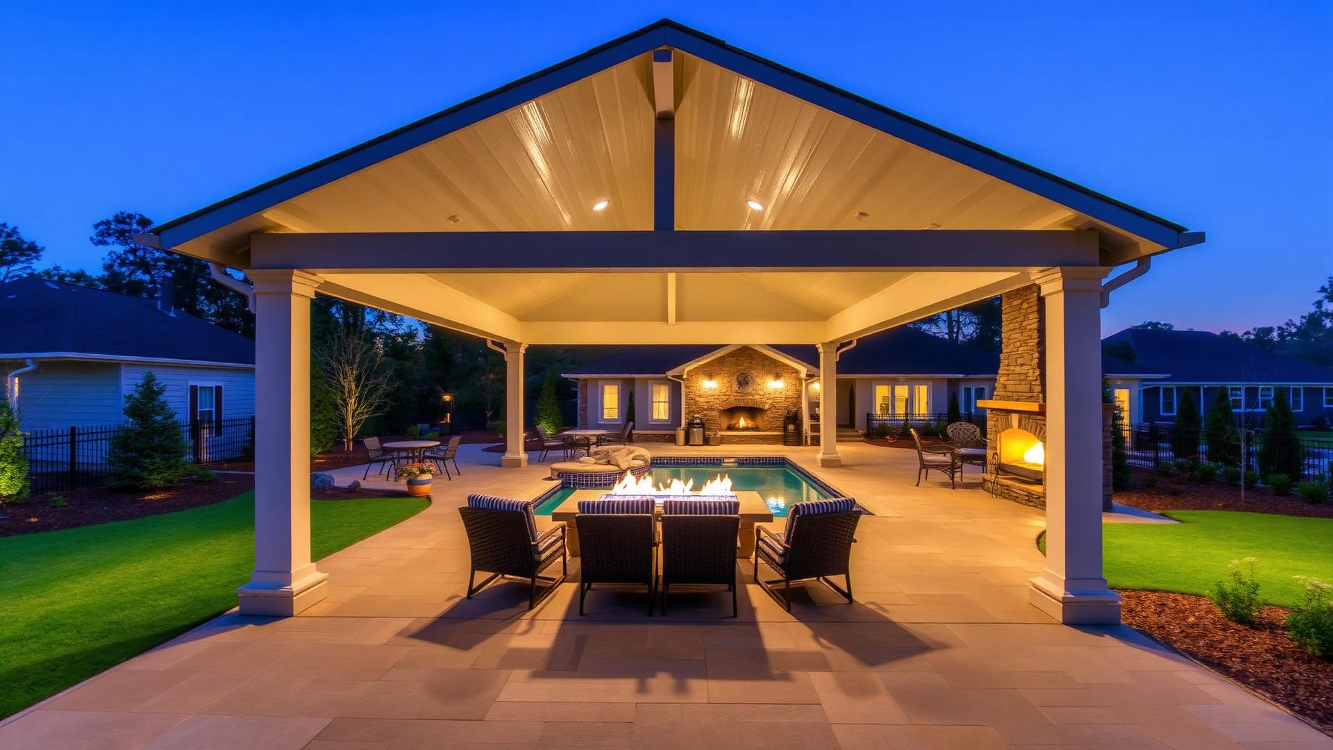Luxury covered patio with fire feature and pool at dusk