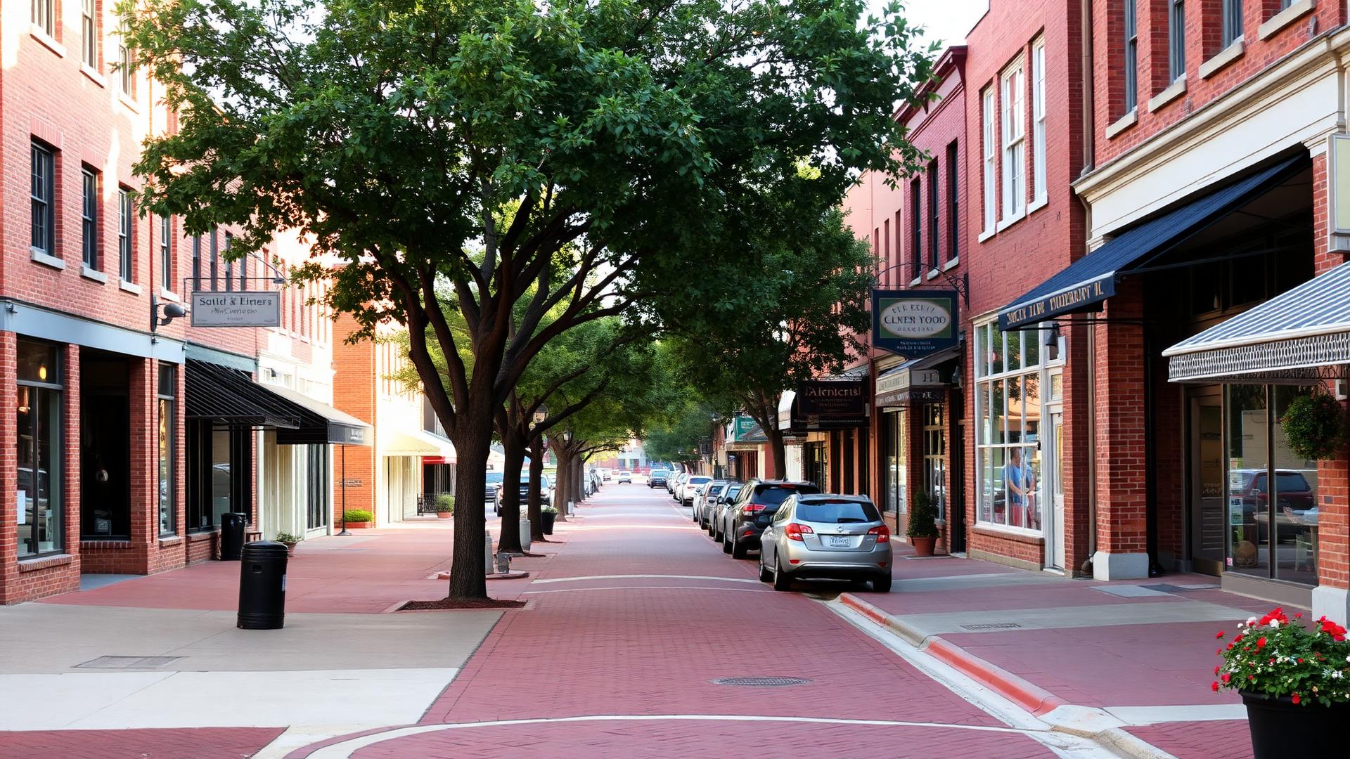 Historic small town main street with brick storefronts and shade trees
